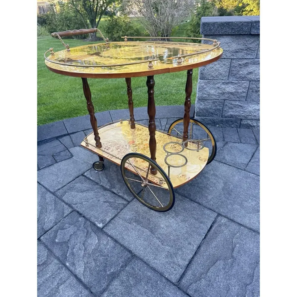 VTG Italian Marquetry Tea & Bar Cart Wood Serving Drop Leaf ~Great For Display